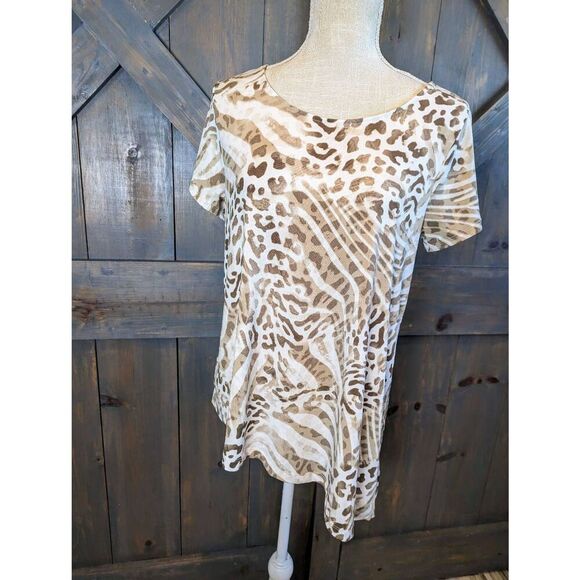 Chico's Shirt Blouse Women's 1 Small Medium Asymmetrical Cream Tan Leopard Print - Picture 1 of 12